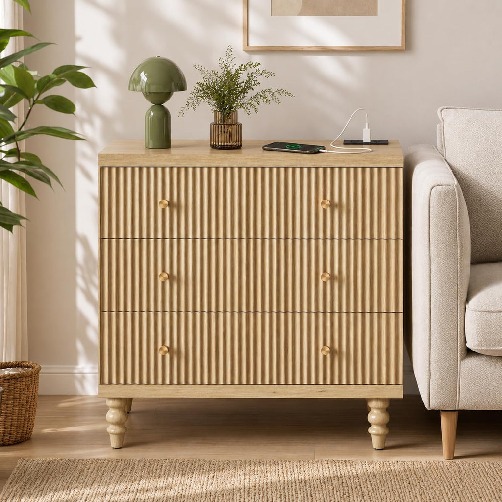 Buffet Cabinet with Storage, 31" Tall Fluted Accent Sideboard Cabinet with 3 Drawers, Mid-Century Modern Accent