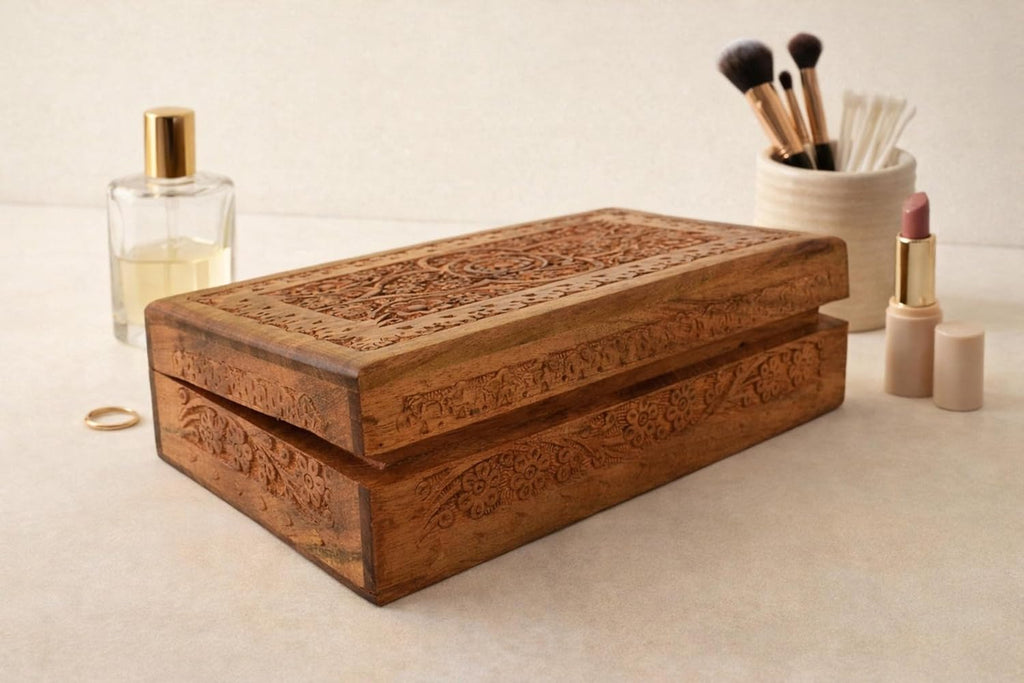 Hand Carved Wooden Memory Box - Decorative Wooden Keepsake Storage Box for Jewelry, Watches, Coins & Trinkets