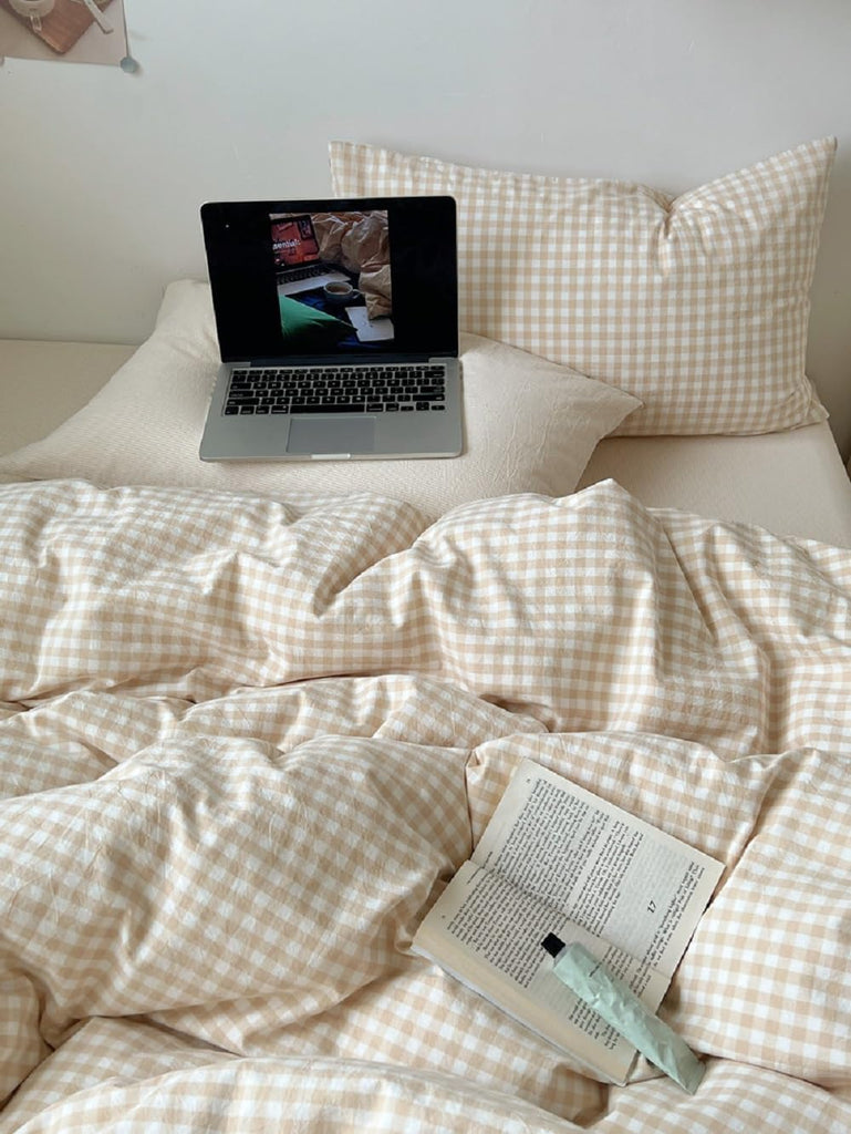 Gingham Duvet Cover Set Beige Plaid Checkered Bedding
