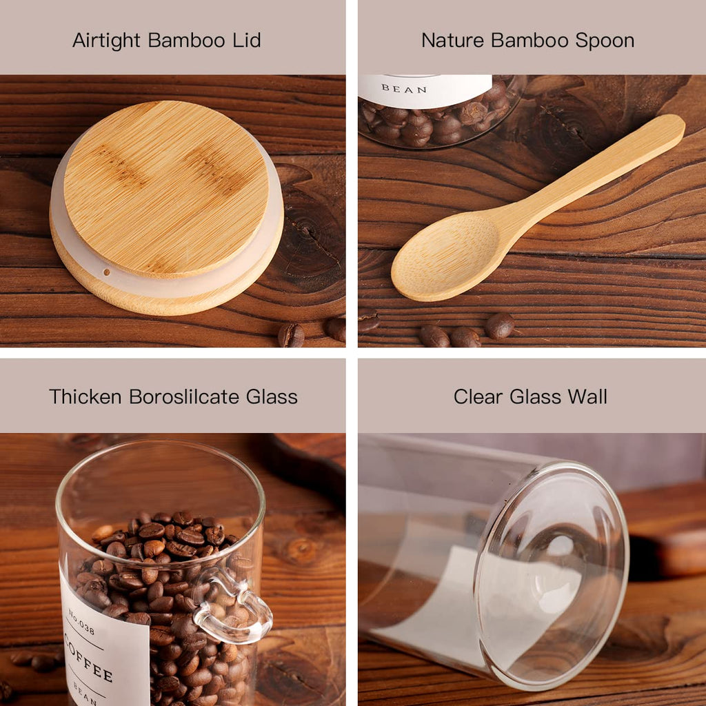 Glass Jar with Bamboo Lid and Spoon - 4 Pcs 17 oz Sugar Container with 132 Food Pantry Labels - Glass Containers with