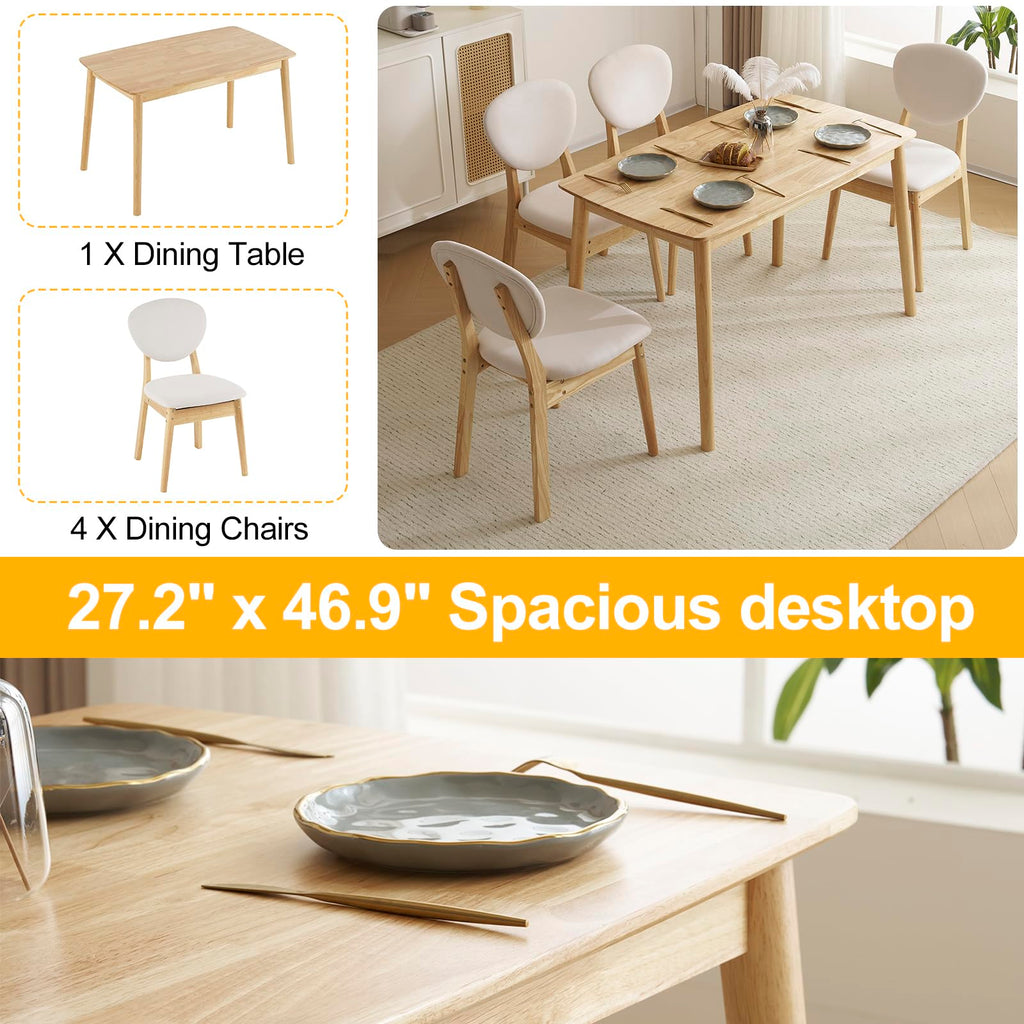 5-Piece Dining Table Set for 4, Solid Wood Frame, Nature