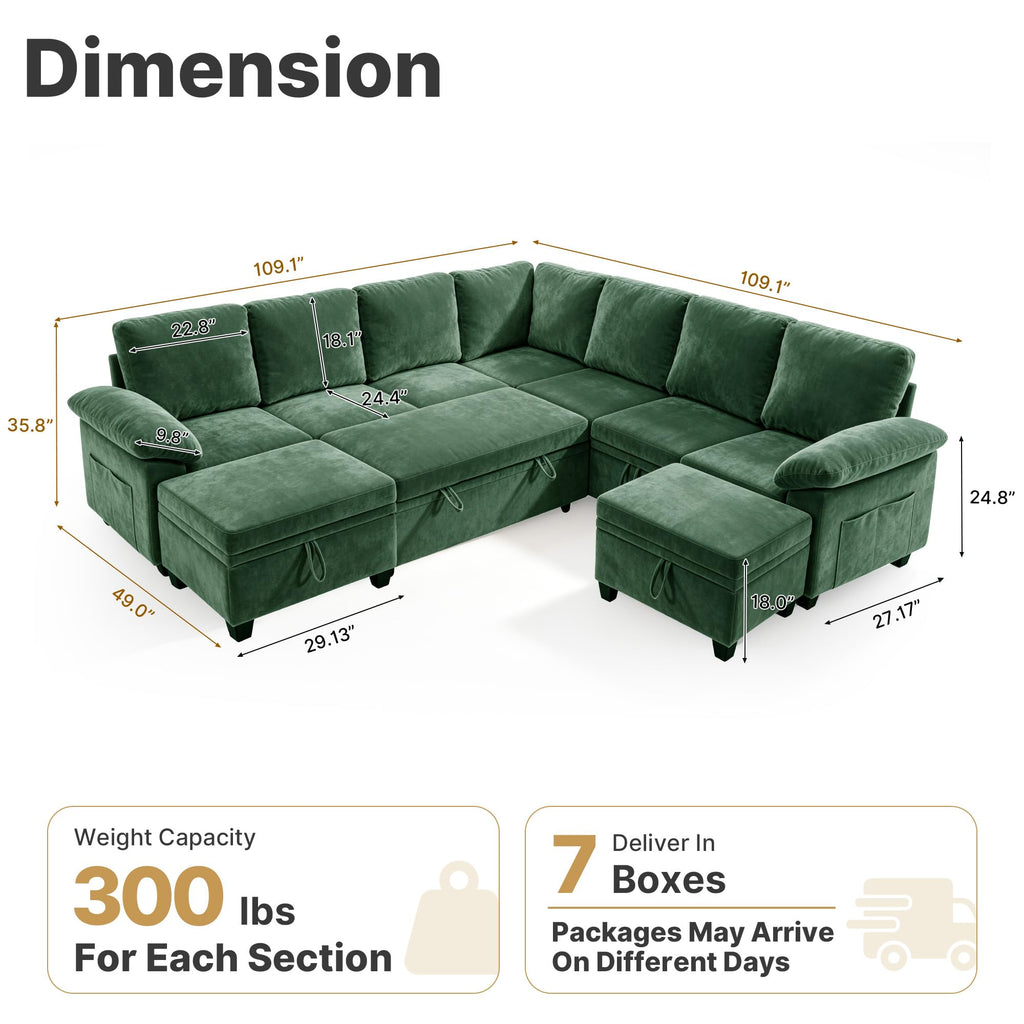 109" Sectional Sleeper U-Shaped Modular Couch Pull-Out Storage Sofa Bed