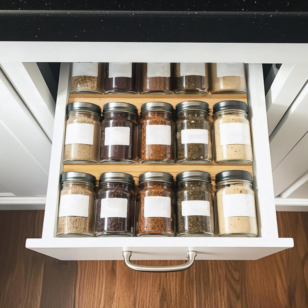 Bamboo Spice Rack For Drawer,4Pcs Tier Stackable Seasoning Storage Organizer Insert, Condiments Storage Insert(Jars