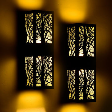 Rustic Farmhouse Exterior LED Lights with Tree-Branch Cutout and Amber Lampshade, Hard Wired Waterproof Up-and-Down