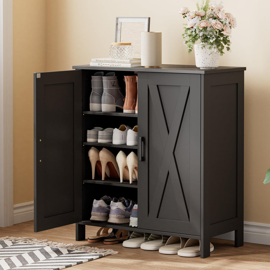 Farmhouse Shoe Cabinet with 2 Barn Doors & Wood Legs