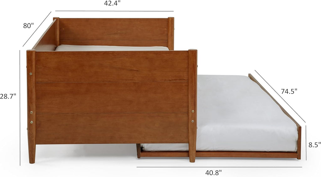 Mid-Century Modern Daybed & Trundle/Solid and Manufactured Wood/Panel Headboard/No Box Spring Needed/Foundation has