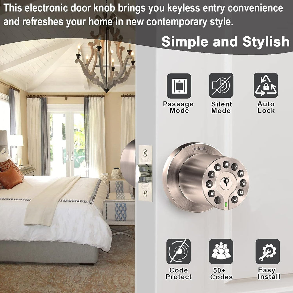 Waterproof Electronic Door Knob with Keypad and Key, Auto Lock, Satin Nickel, 50 Codes, Easy to use and install