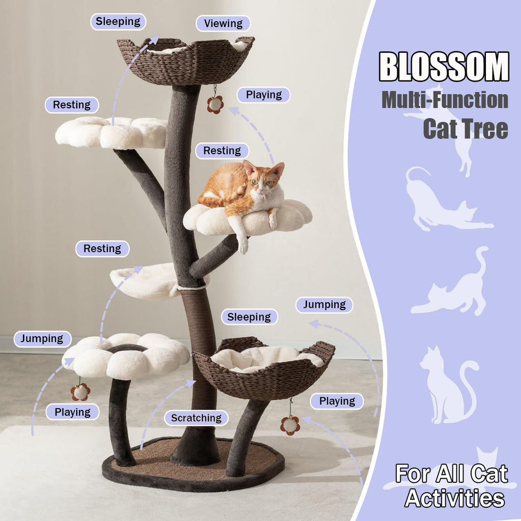 Floral Large Cat Tree with Handcrafted Basket Beds & Flower Perches