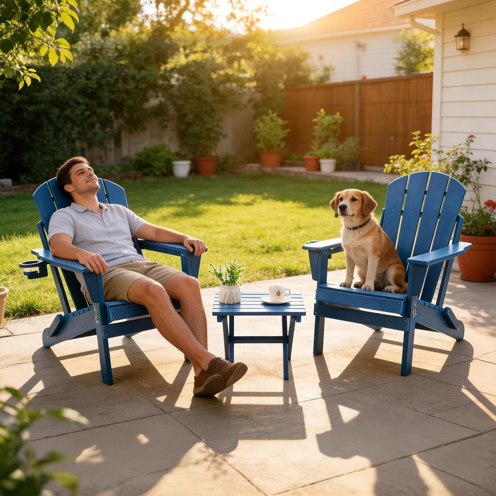 Folding Adirondack Chair, Outdoor HDPE Weather-Resistant Patio Chairs with Cup Holders, Plastic Chairs for Outside