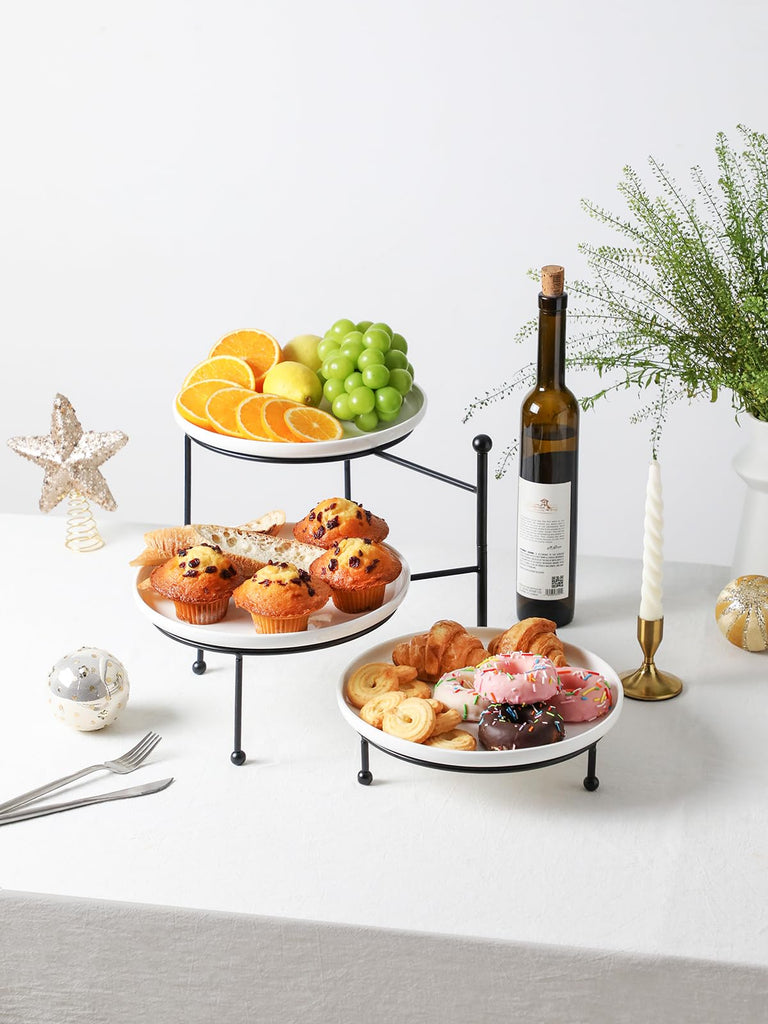3 Tiered Serving Stand with White Porcelain Plates, 10.3" Round Tray, Dessert Table Display Set, Black Metal Stand