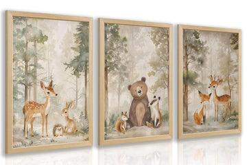 Woodland Animal Nursery Wall Art Set of 3, 12x16 Wood Framed Prints