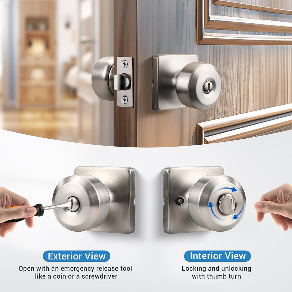 Brushed Nickel Door Knob, Square Interior Door Knobs, Privacy Door Knob Bathroom, Stainless Steel Indoor Door Knobs