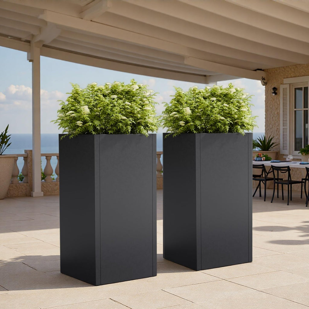 24" Tall Metal Planters Box for Outdoor Plants, 60cm H Square Black