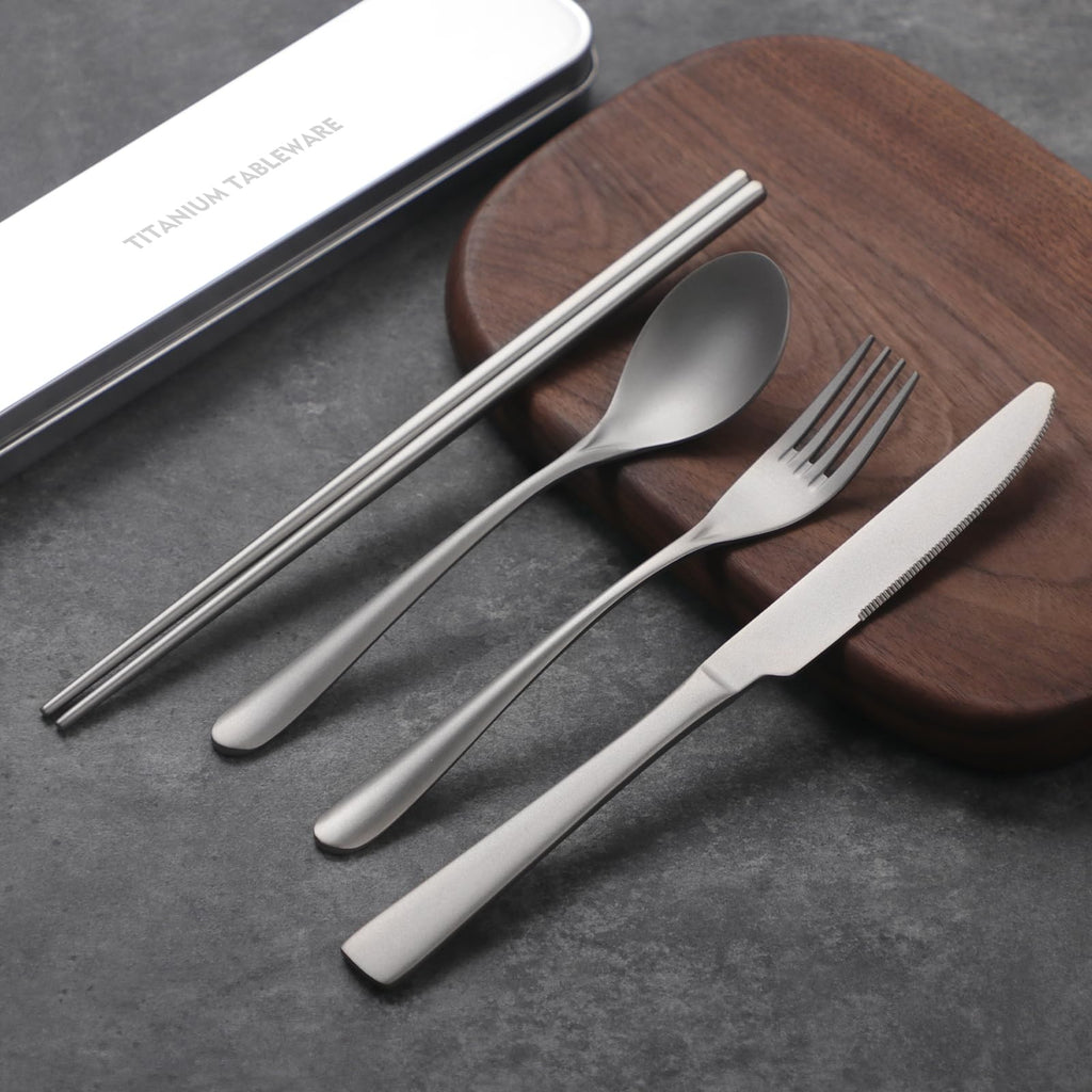 Titanium utensil travel set, portable lunch silverware set with box, including titanium chopsticks, spoon, fork