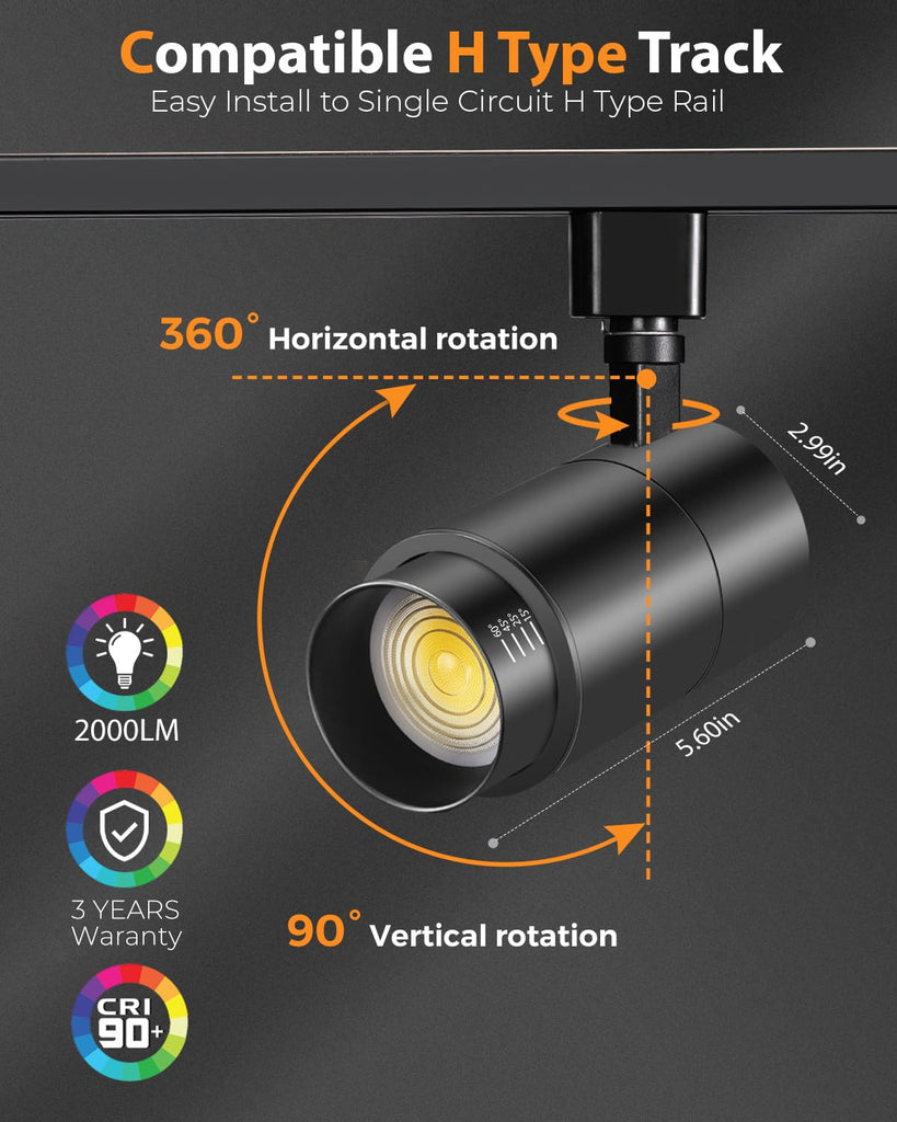 Zoomable 20W LED Track Lighting Heads H Type, Black 6 Pack