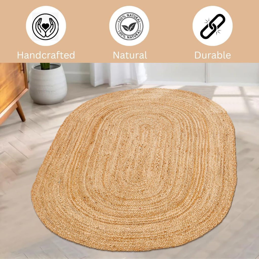 Handcrafted Jute Braided Rug Oval - 100% Natural Jute Area Rug - Rustic Farmhouse Boho Accent Rug Bedroom