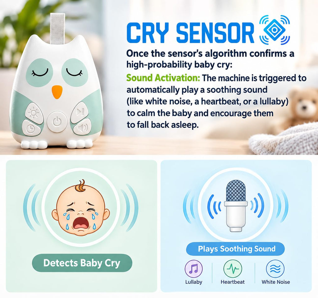 Portable Baby White Noise Sound Machine for Sleeping, Cry Activated Sensor, 20 Sounds for Kids, Night Light, Timer, for
