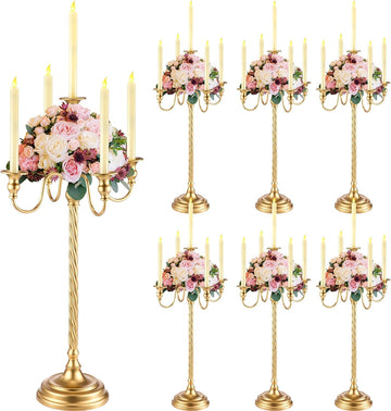 6 Pack Wedding Gold Candelabra Table Centerpieces 28 inch Tall Candelabra Metal Candle Holder 5 Arm Taper Candlestick