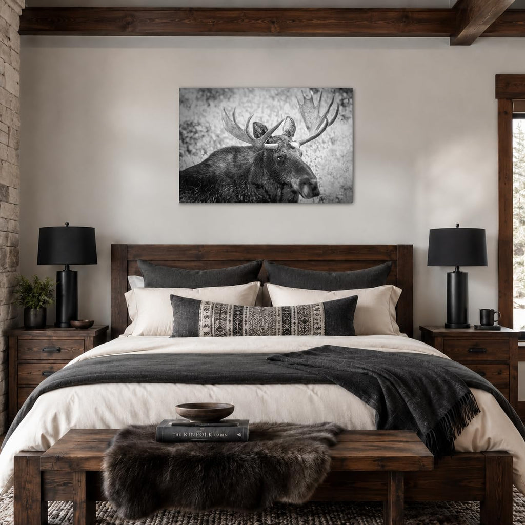 Black and White Moose Wall Art Large Wildlife Canvas Print Rustic Cabin Lodge Decor Giclee Moose Picture Bedroom