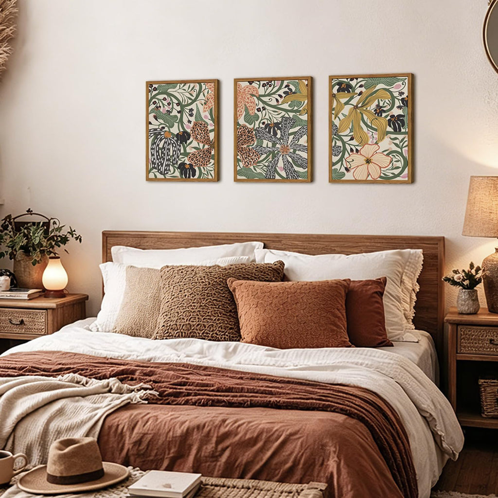 Framed Boho Floral Canvas Wall Art Set of 3, Sage Green Flower Pictures Wall Decor, Abstract Botanical Wildflower