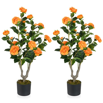 3FT Artificial Camellia Tree, 2 Pack Faux Camellia Plant with Orange Flowers, Solid Wood Trunk, Realistic Moss