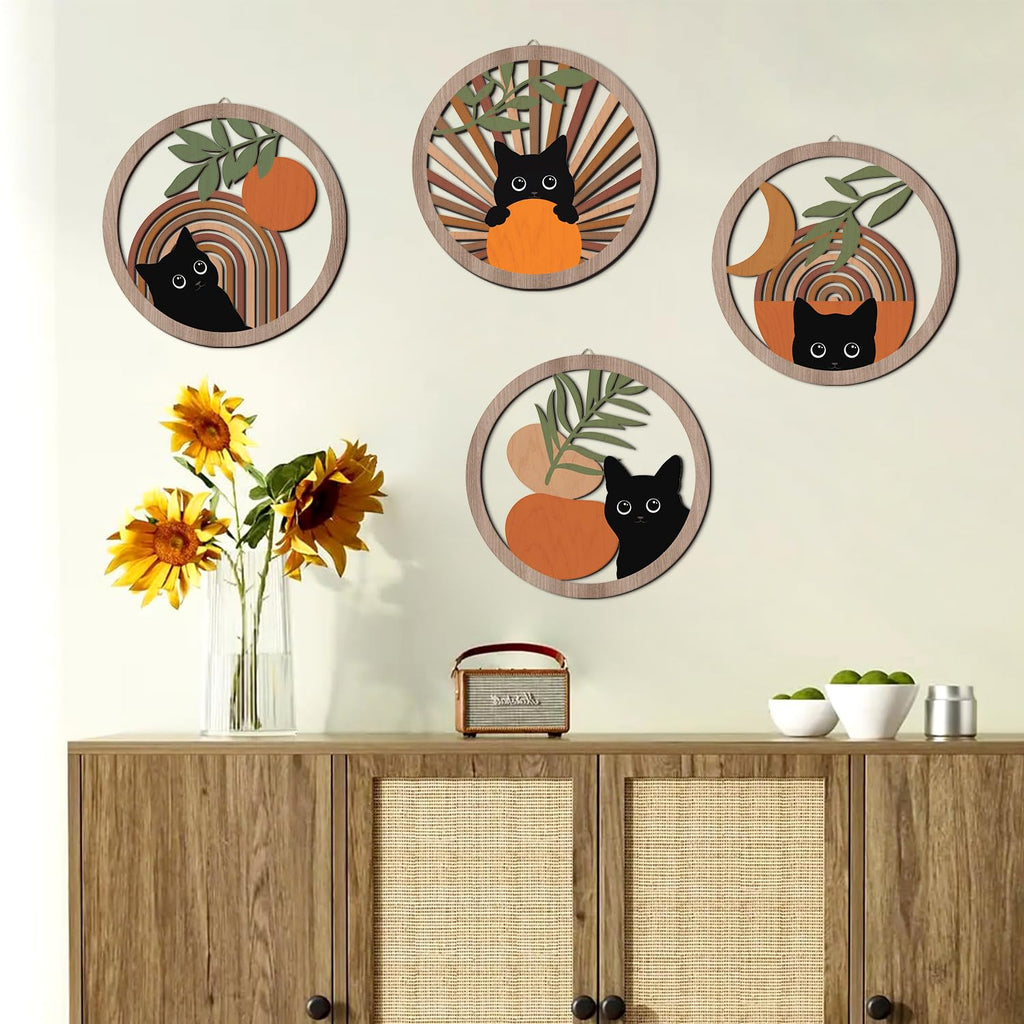 Boho Black Cat Wall Decor, Farmhouse Geometric Hanging Wooden Wall Art, 4 Pieces 10''x10'' Mid Century Bohemian