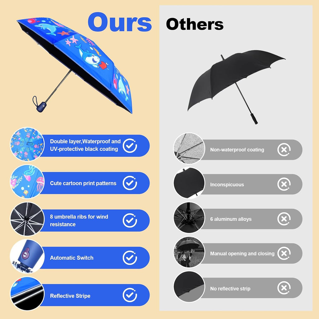 Kids Automatic Umbrella with Cartoon Print & Reflective Strip,easy One-Button Open Close, UPF 50+ Sun & Wind
