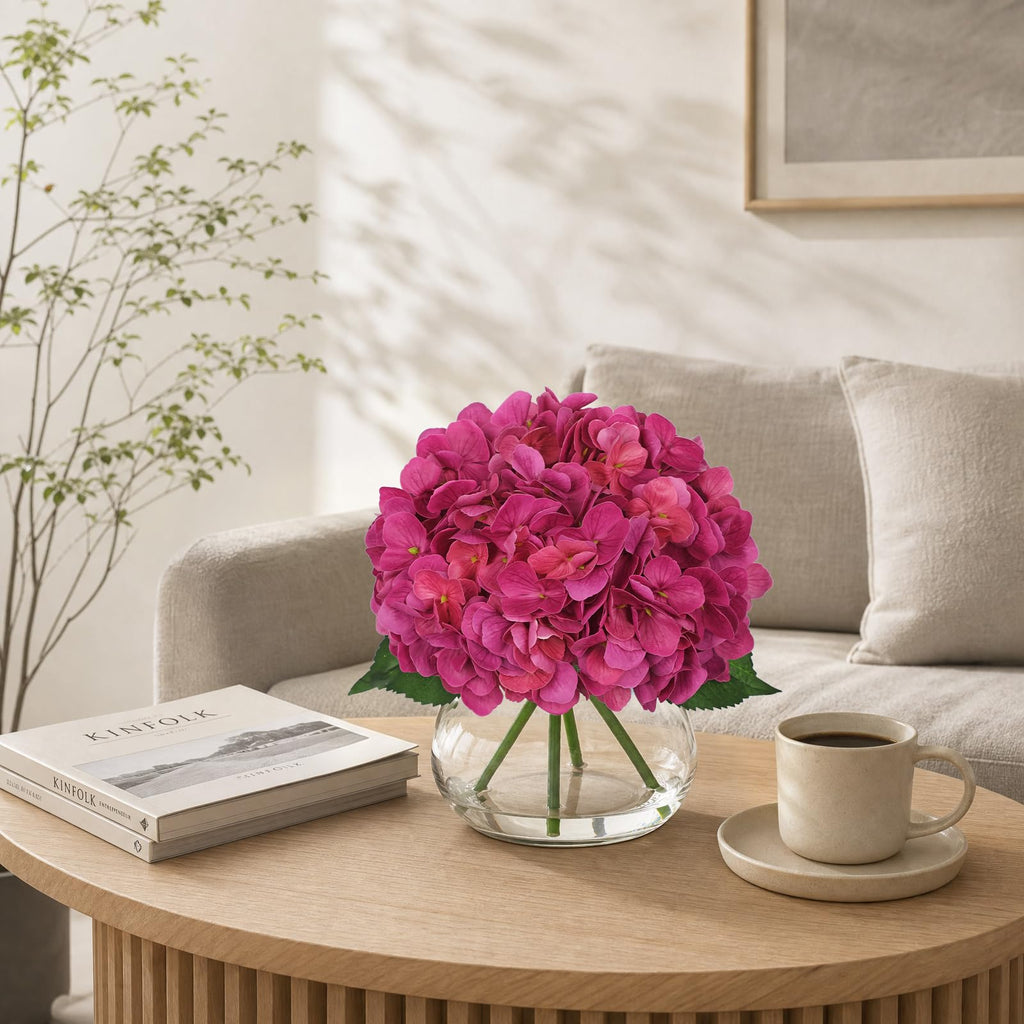 Real Touch Hydrangea with Glass Vase Rose Pink Full Latex Hydrangeas Artificial Flowers in Vase Lifelike Bouquets
