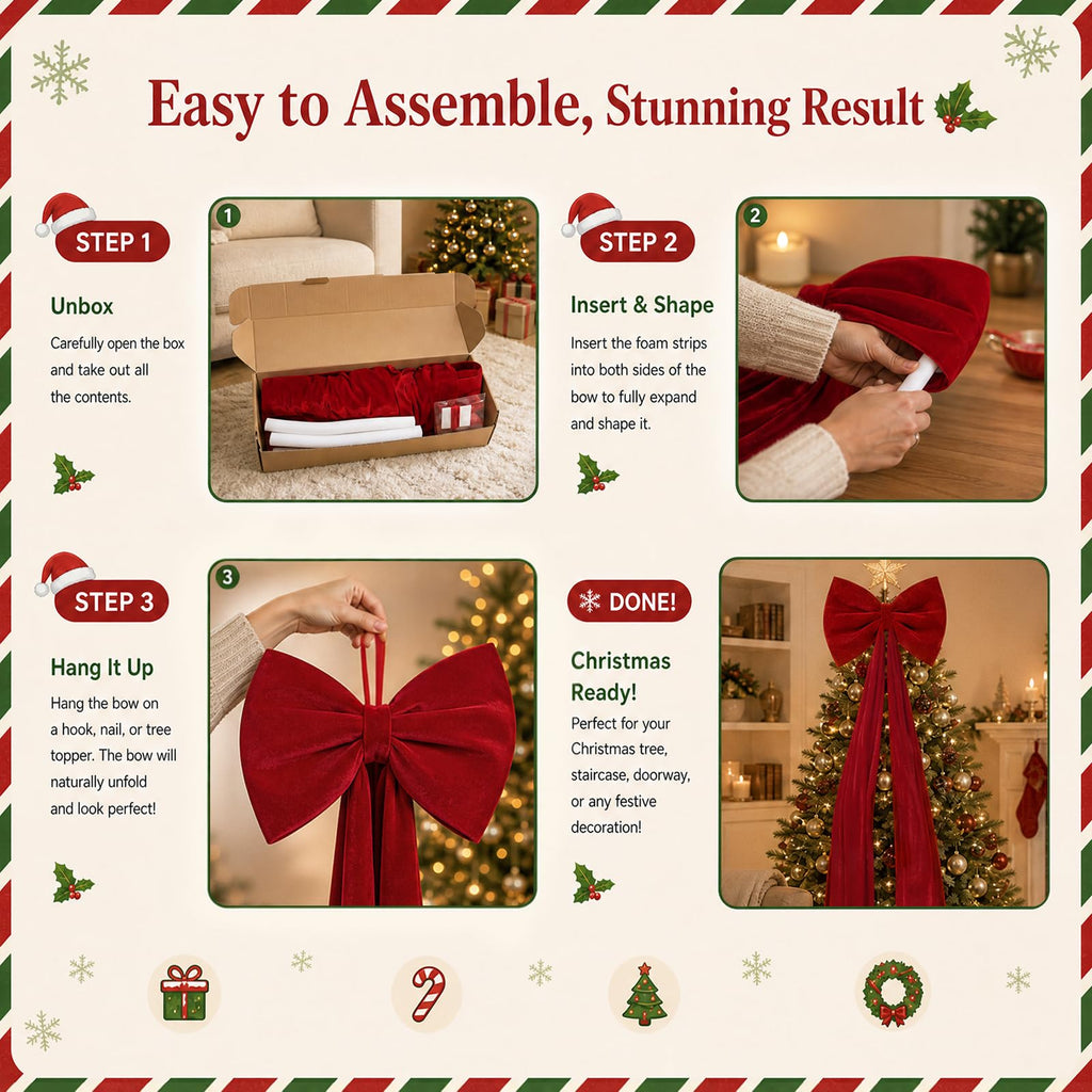 24"x71" Giant Red Velvet Bow Christmas Tree Topper Decorations, Oversized Big Xmas Velvet Bows for Tree Home Party