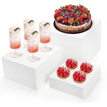 Set of 3 Acrylic Cube Riser Hollow Bottom, 6/7/8 Inch Small Glossy White Buffet Riser Food Display Stand, 5 Sides