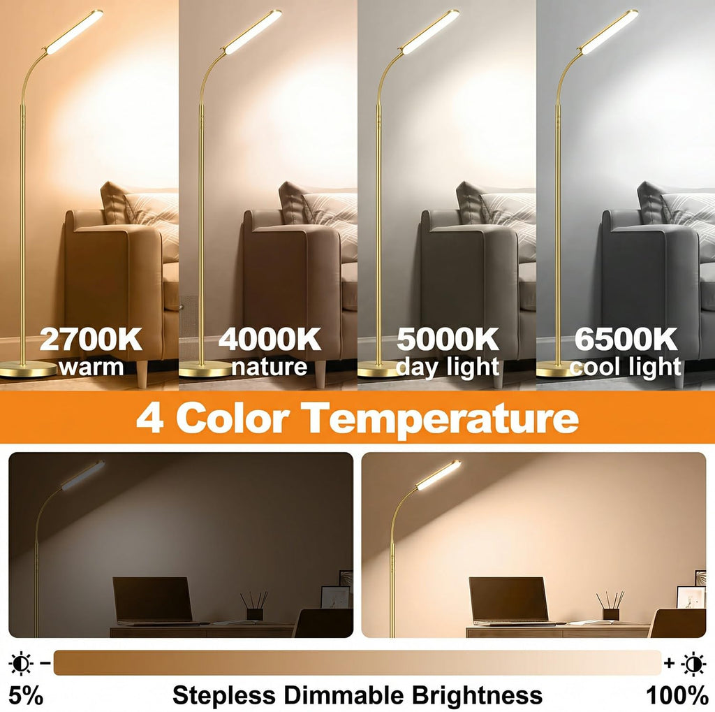 Gold Polished Floor Lamp, 18W LED, Luxury Decor Style & Stepless Dimming, Eye-Caring Timing Reading Lamp