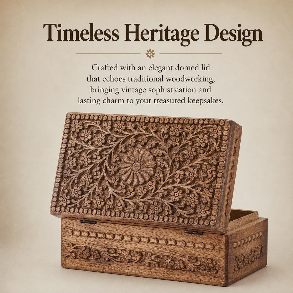 Wooden Jewelry Box Flower Carved Decorative Chest Storage 10 Inch