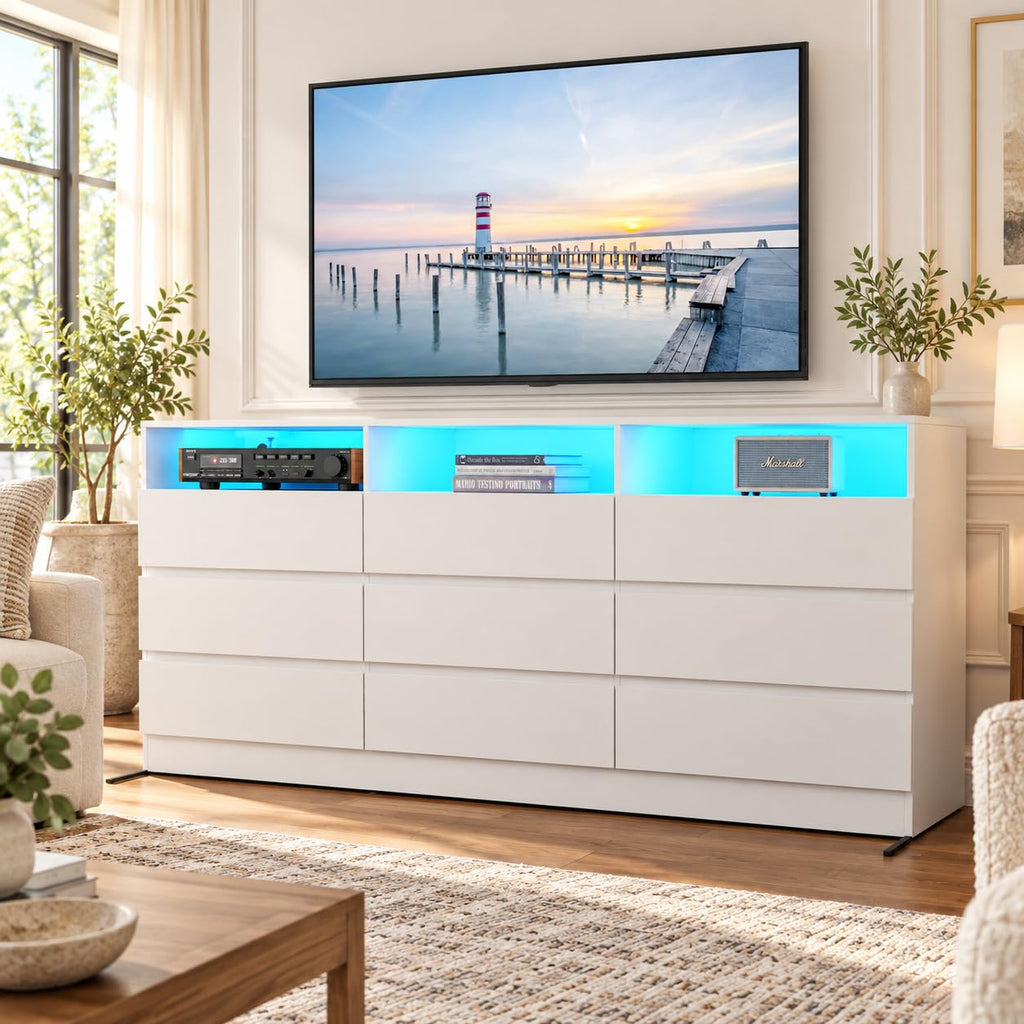 9 Drawer White Dresser with Charging Station Led Lights