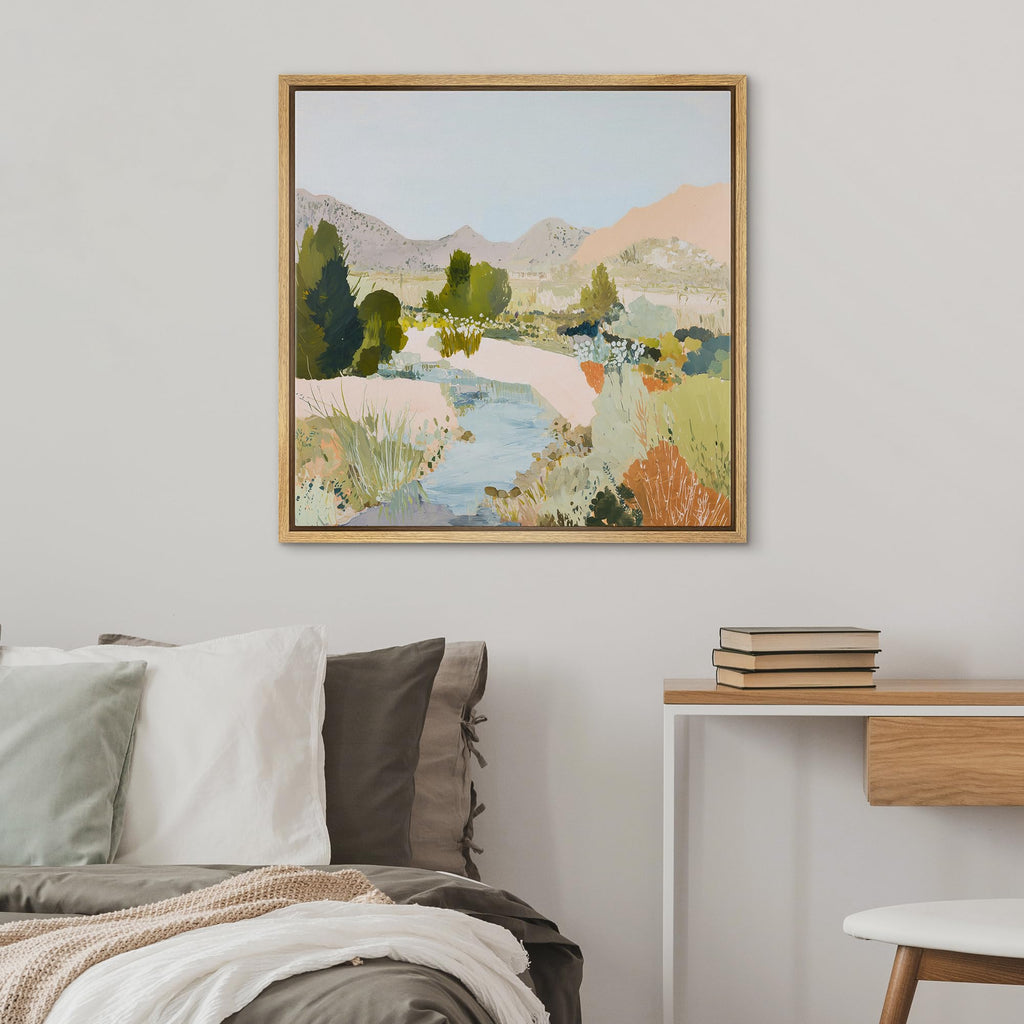 Framed Canvas Print Wall Art Modern Impressionist Countryside Stream Illustrations Fine Art Country Minimal - 24"x24"