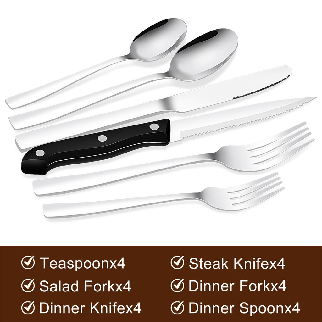 24-Piece Silverware Set Flatware Set for 4, Mirror Polished Stainless Steel with Steak Knives - Dishwasher Safe