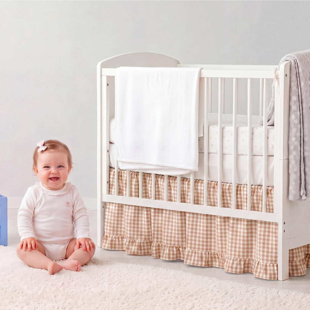 Gingham Crib Skirt Dust Ruffle 52 x 28 Inch 100% Cotton, Beige