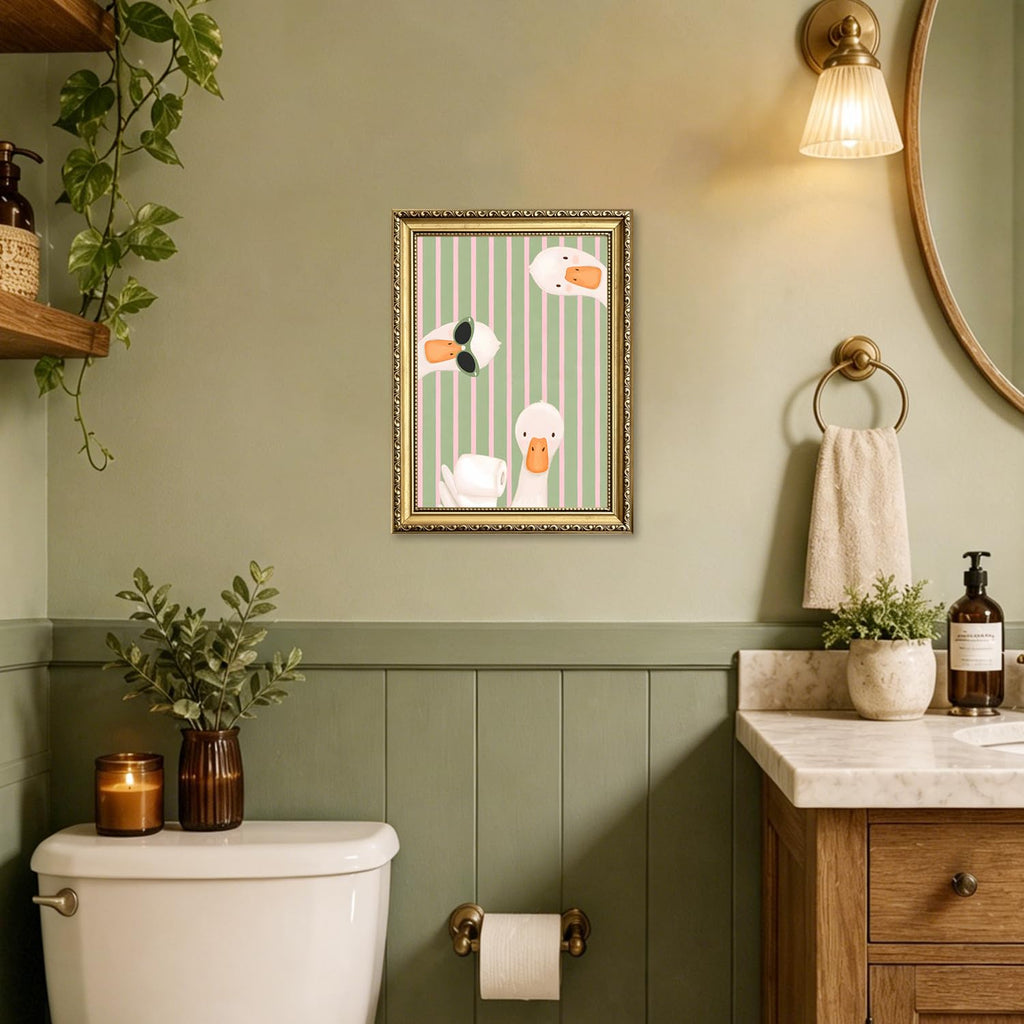 Funny Goose Bathroom Wall Art Cute Silly Gooses Toilet Wall Decor Painting, Green Pink Stripes Animal Poster Canvas