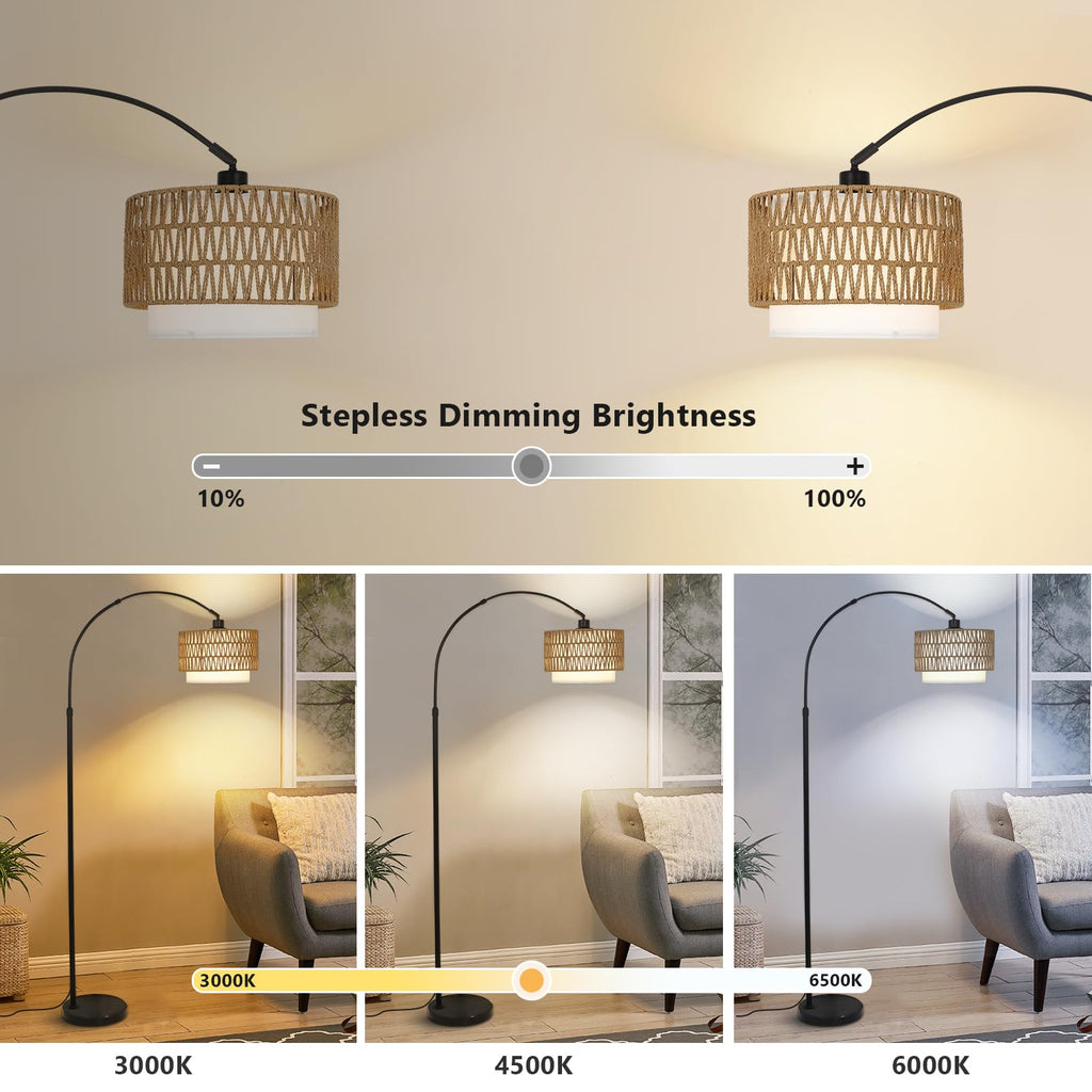 Arc Floor Lamp with Remote, Modern LED Floor Lamp with Dimmable Bulb, Boho Farmhouse Standing lamp with Fabric &