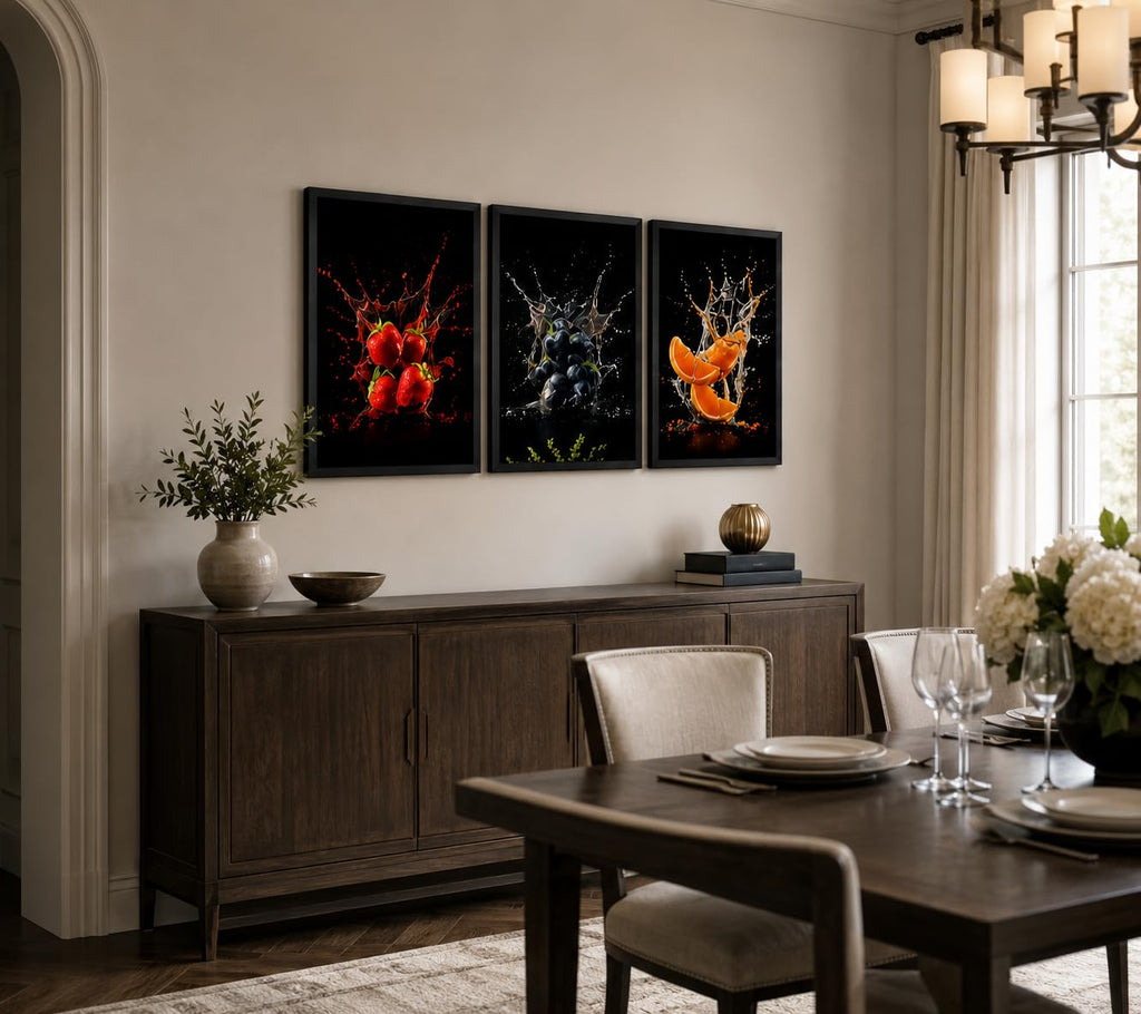 Framed Fruit Canvas Wall Art, 3 Piece Kitchen Decor, 12 x 16 Inch