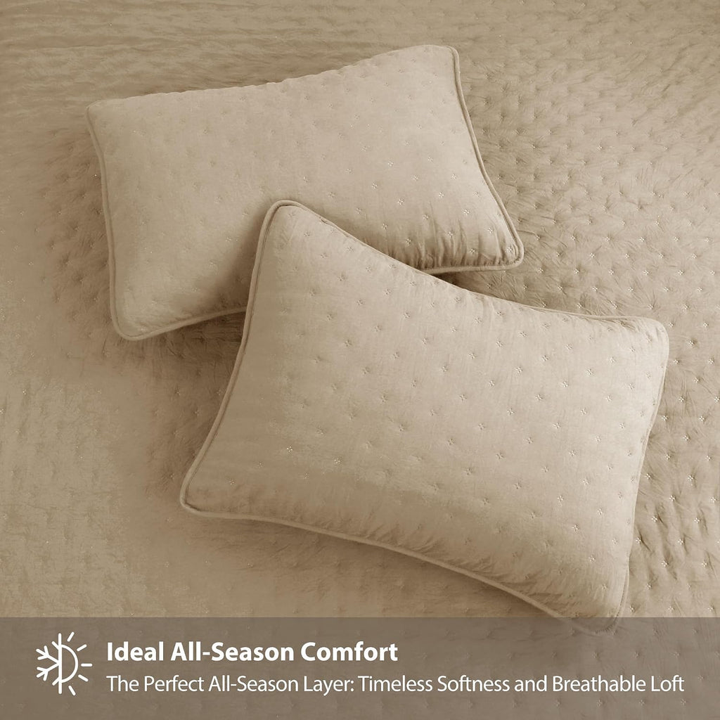 Cloud Oversized King Quilt Sets with Pillow Shams, Beige California Cal King Lightweight Soft Coverlet Bedspread, Tan
