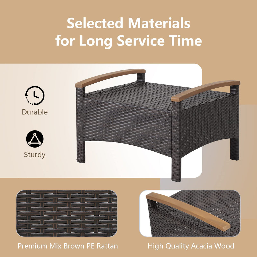 Outdoor Wicker Ottomans - 2 Pieces PE Rattan Ottoman, Footrest Seat with Zippered Cushions, Acacia Wood Handles