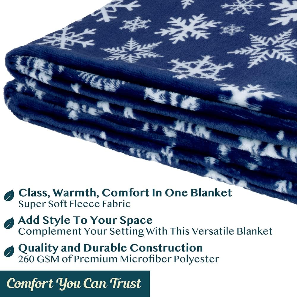 Christmas Throw Blanket | Navy Snowflake Christmas Fleece Blanket | Soft, Plush, Warm Winter Cabin Throw, 50x60