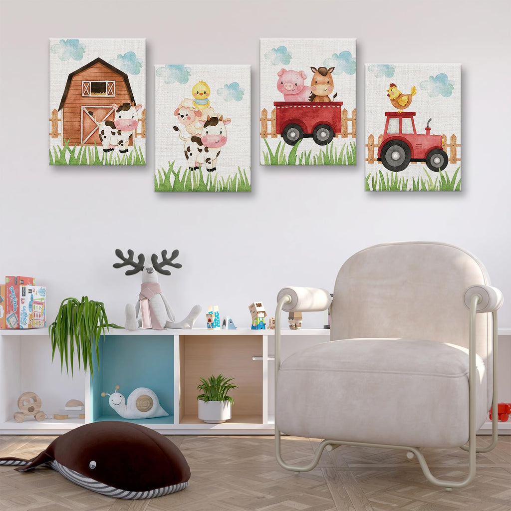 Watercolor Farmhouse Nursery Decor Canvas Wall Art Farm Cute Animal Chicken Cow Pig Wall Decor Artwork Poster Prints