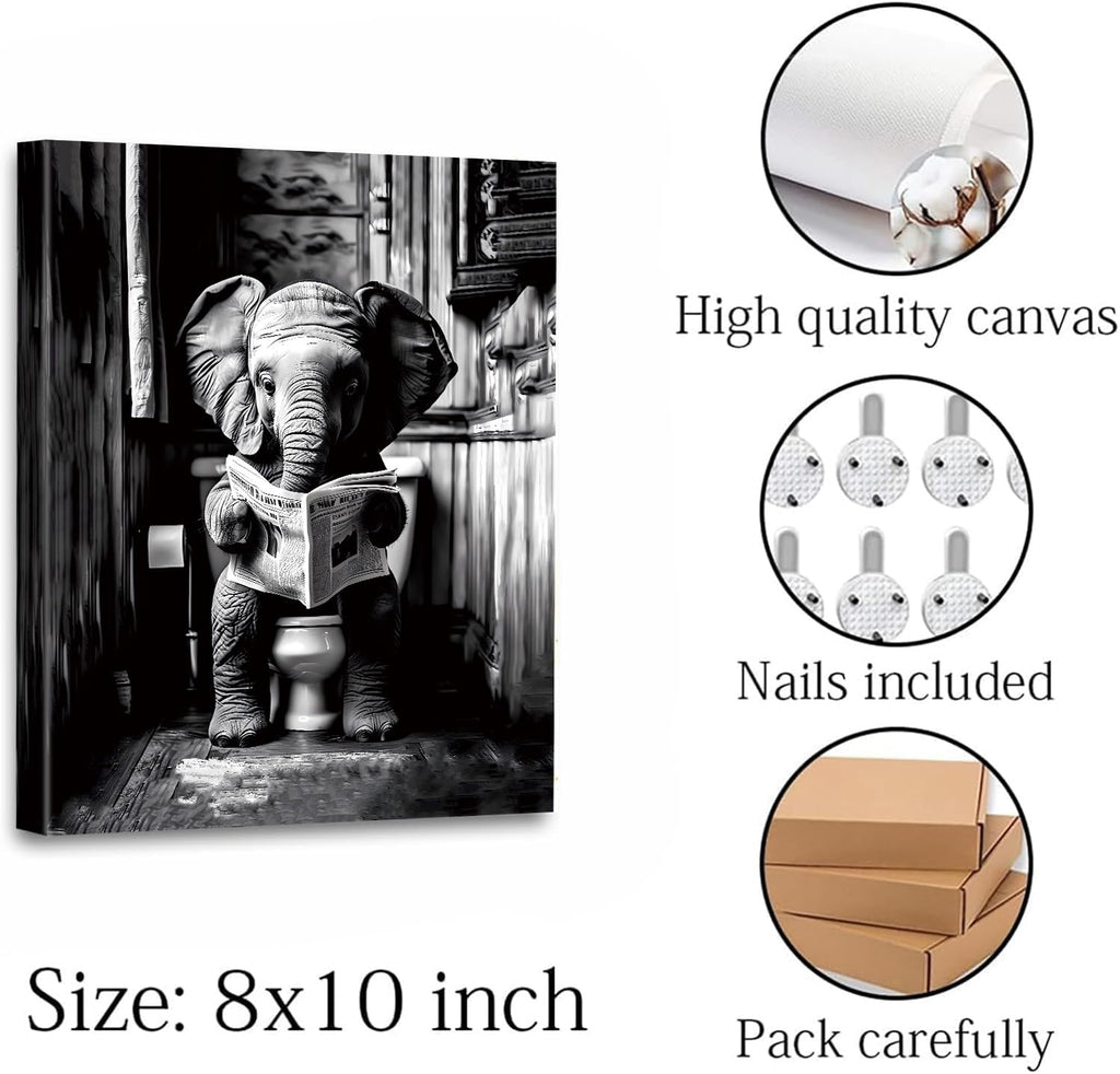 Framed Bathroom Decor Wall Art, Funny Black and White Elephant Wall Art
