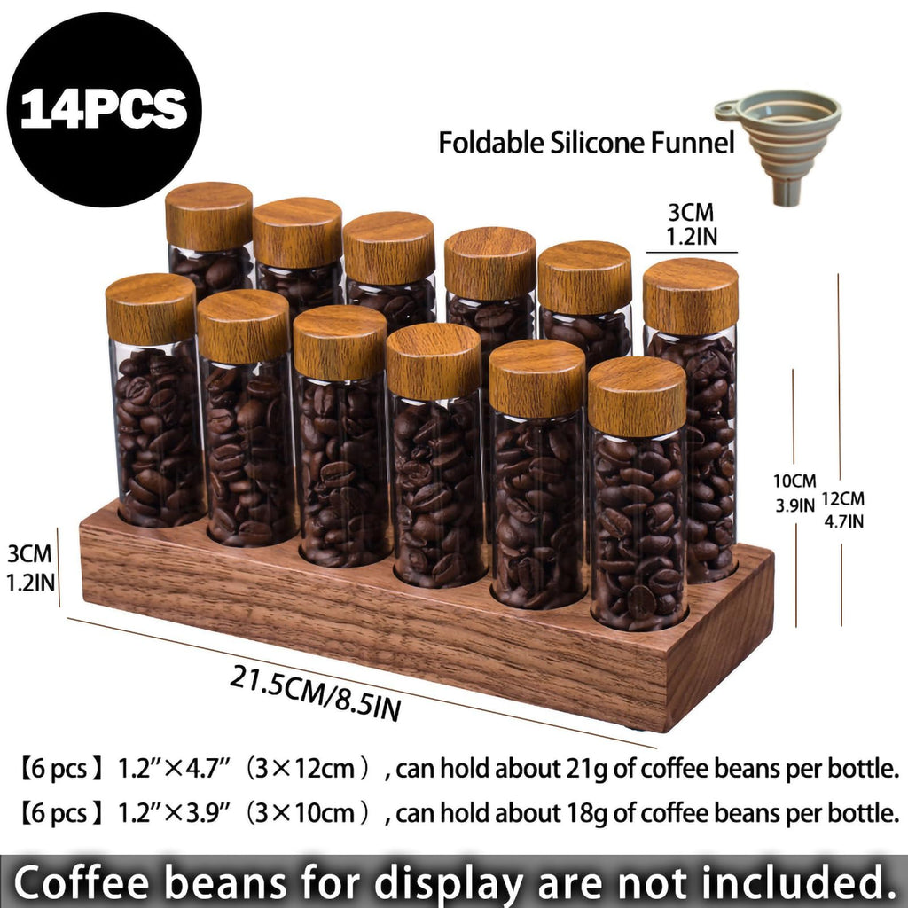 Coffee Bean Storage, Coffee Storage Container with Walnut Solid Wood Base, Coffee Bean Container, 12 Tubes Single Dose