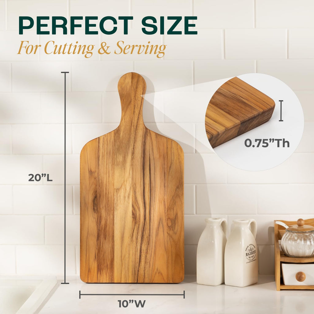Teak Cutting Boards, [20''Lx10''Wx0.75"] Ergonomic Handle Serving Board, Pre-Oiled Teak Wood Charcuterie Board