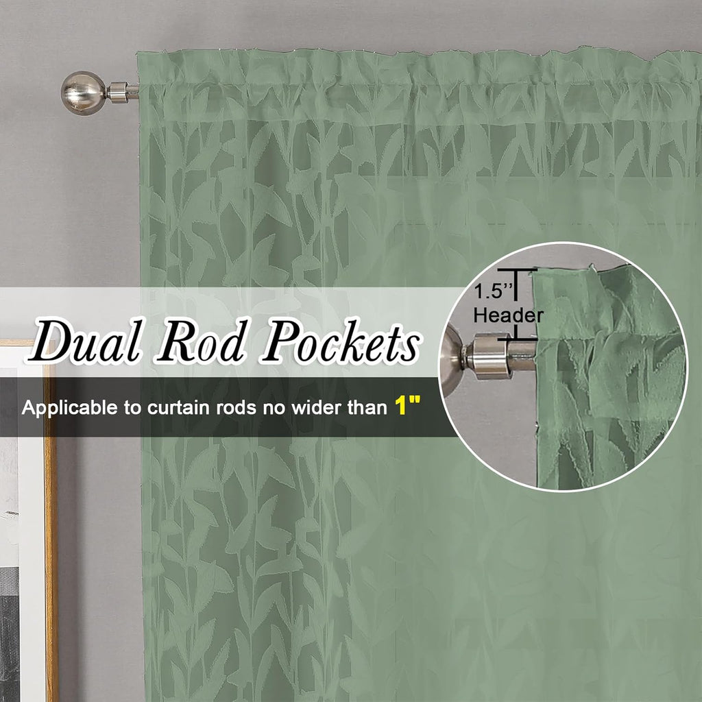 Leia 14 Inch Sage Valance for Window Green Sheer Curtains 2 PCS, Jacquard Texture Leaves Semi Voile Living Room