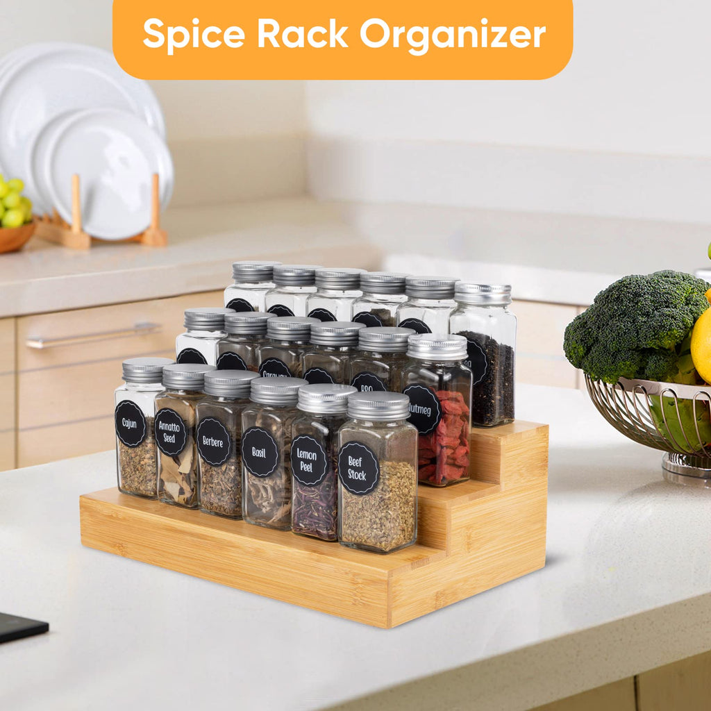 Bamboo Spice Rack Organizer for Cabinet 2 Pack - 3 Tier Countertop Step Shelf, Seasoning Storage Stand Pantry, Spice