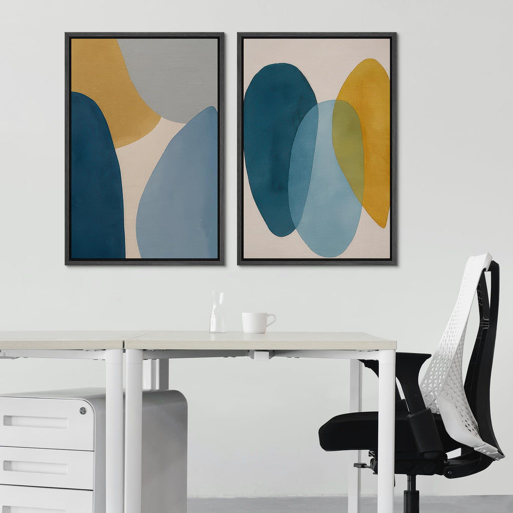 Framed Canvas Print Wall Art Set Soft Geometric Shapes in Blue and Mustard Abstract Illustrations Modern Art