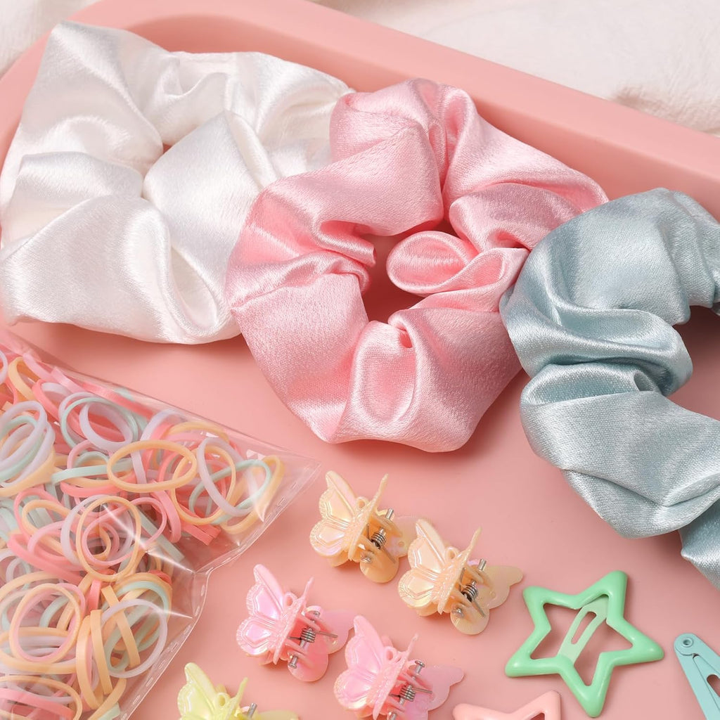 533PCS Hair Accessories Set for Girls,Mini Butterfly Hair Clips and Elastic Hair Ties,Satin Silk Scrunchies,Hair Kit